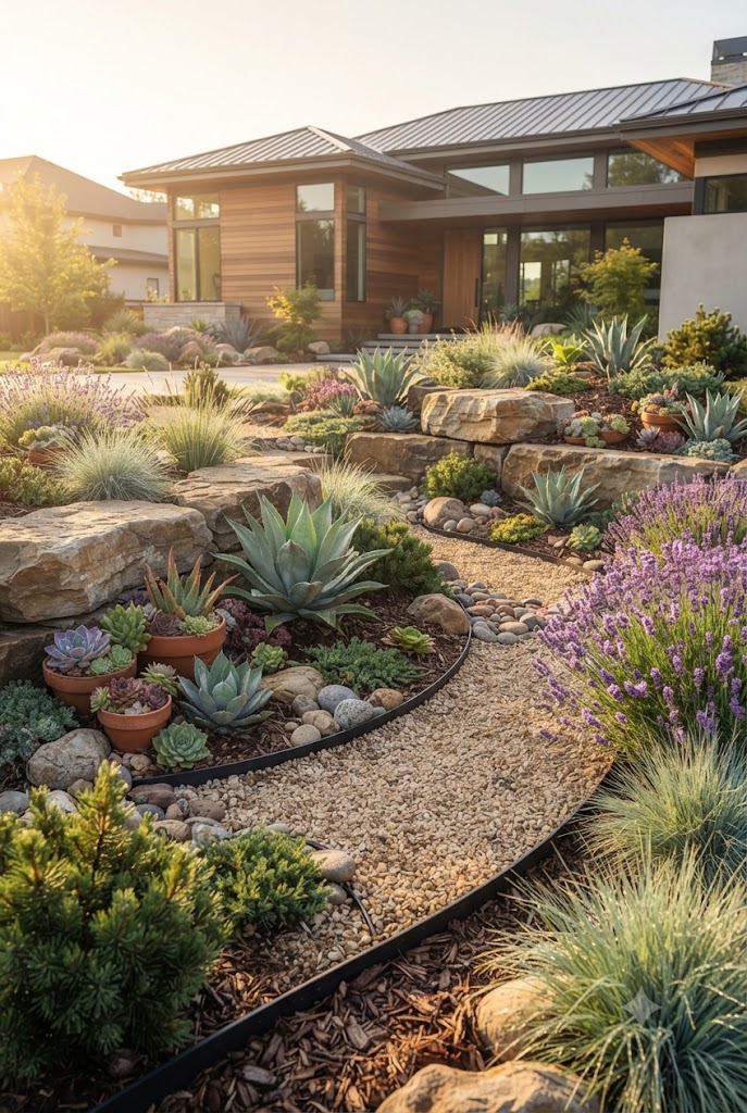 luxury front yard rock garden featuring natural boulders