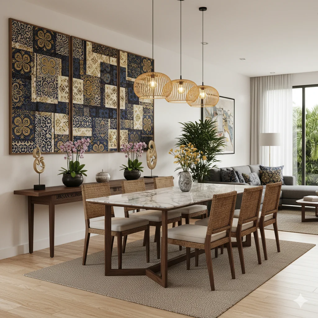 A Malay Modern Fusion style dining room with a marble-top table, wicker chairs, patterned wall art, and rattan pendant lights, opening to a living area with a sofa and large window.