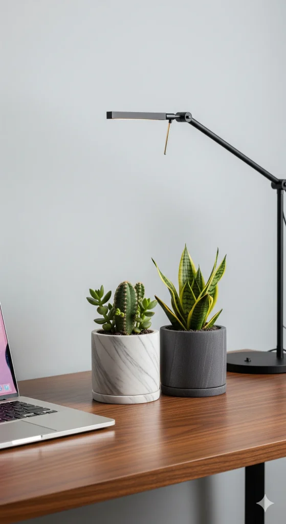 Two marble potted plants, a succulent and a snake plant, on a wooden desk next to a laptop.