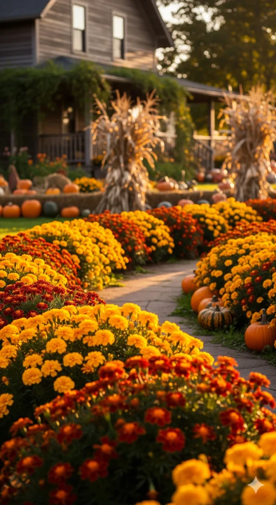 A garden path lined with vibrant orange and yellow marigolds and pumpkins, evoking an autumn scene. 