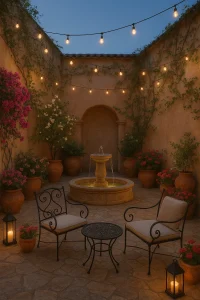 A serene, illuminated courtyard with a central fountain, two wrought-iron chairs with cushions, a matching table, and potted plants with blooming flowers.