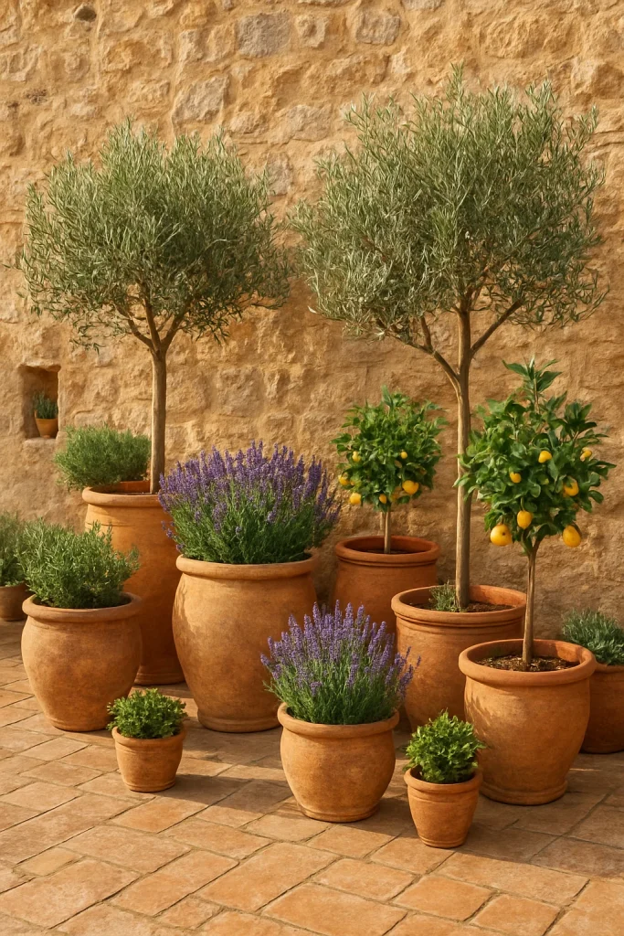 A collection of potted plants, including olive trees, lemon trees, and lavender, arranged against a stone wall.