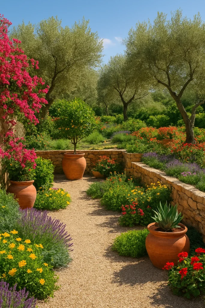 A vibrant garden path with colorful flowers, potted plants, and stone walls.