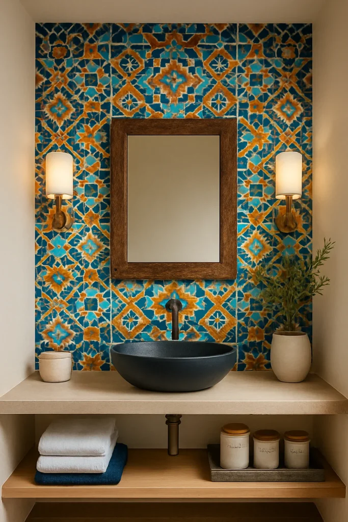 A bathroom vanity featuring a black sink, wooden mirror, sconces, and a vibrant blue and orange patterned tile backsplash. 
