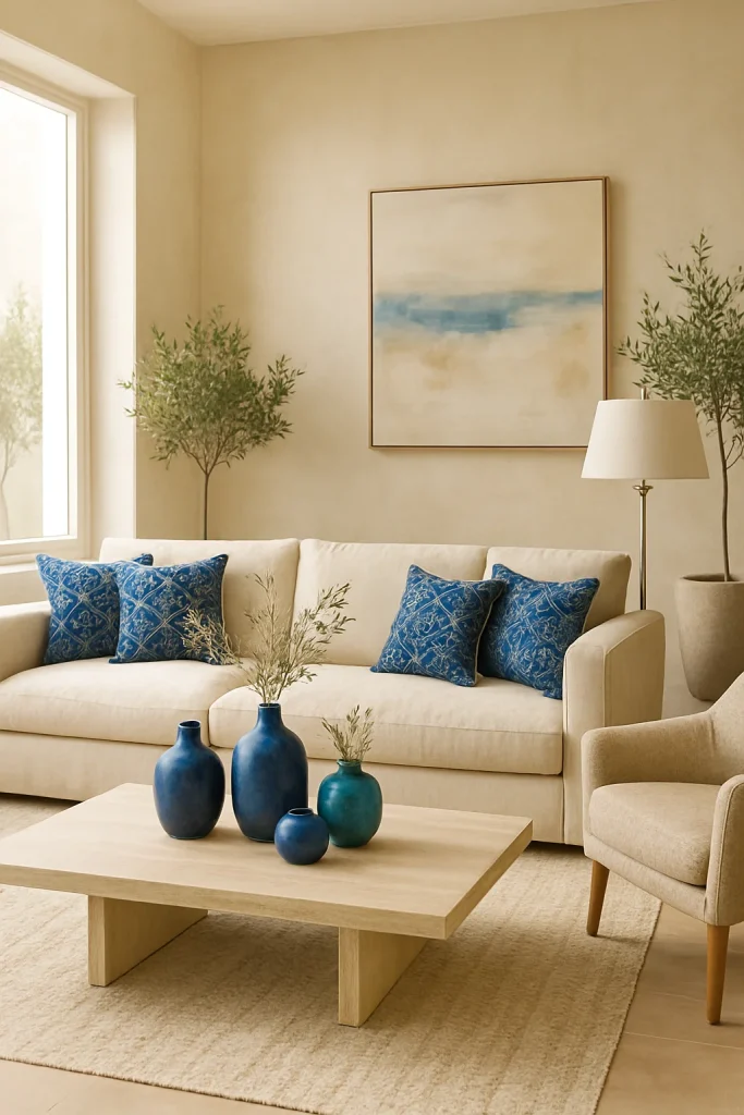 A living room with a cream-colored sofa, blue patterned pillows, a light wood coffee table with blue vases, a beige armchair, and a large abstract painting on the wall.