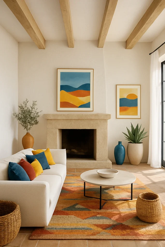 A cozy living room with a white sofa, a round coffee table, a fireplace, and two abstract landscape paintings on the wall.