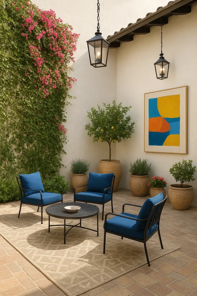 A cozy outdoor patio featuring blue-cushioned chairs, a round coffee table, potted plants including a lemon tree, and a colorful abstract painting on the wall.