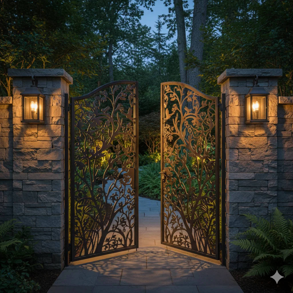 Ornate wrought iron gate with tree design, flanked by stone pillars and lanterns, opening to a garden path. 