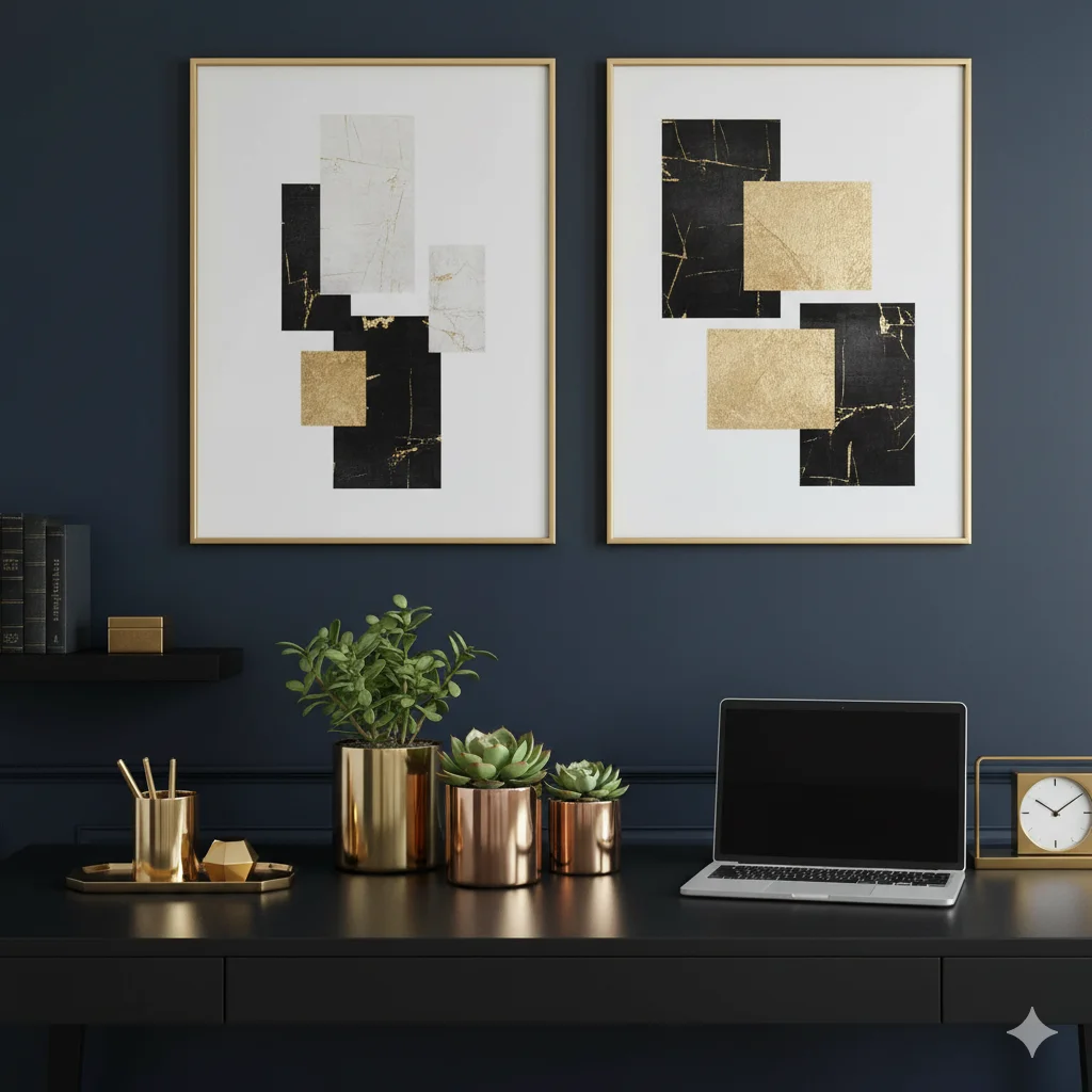 Desk Décor with Succulent Planters:
A modern workspace with abstract art, plants in gold pots, and a laptop on a dark desk against a navy blue wall.