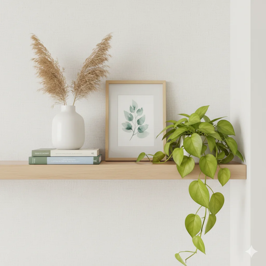 A floating shelf with a white vase holding dried pampas grass, a stack of books, a framed botanical print, and a trailing Pothos plant. 