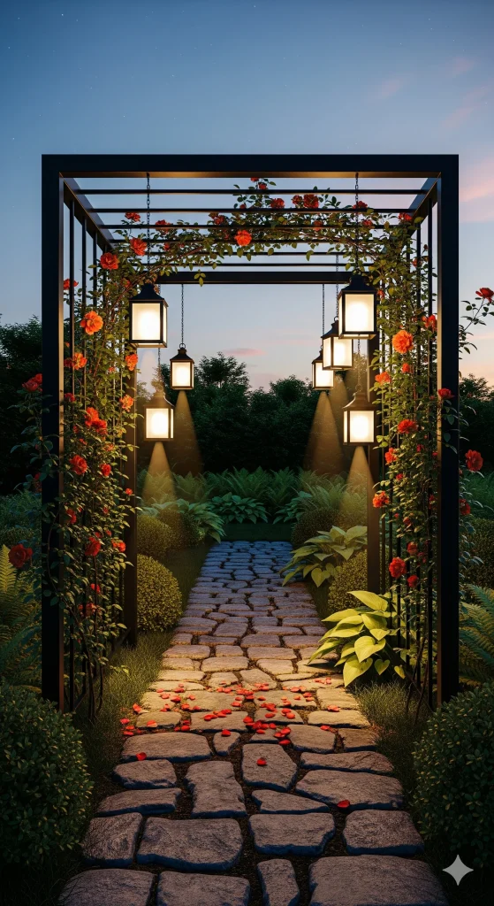 A garden path framed by a black metal pergola, adorned with climbing red roses and illuminated by hanging lanterns, leading into a lush green landscape at dusk.