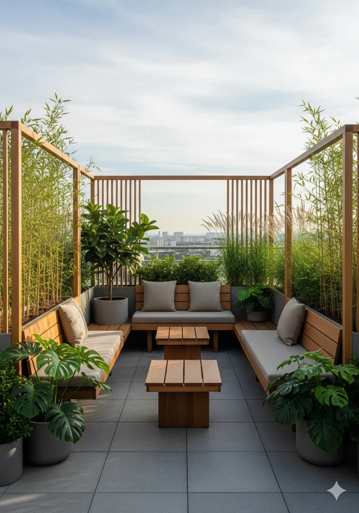 Rooftop Garden Ideas with Cozy Seating Nooks. A modern rooftop terrace with wooden seating, lush green plants, and a city skyline in the background. 