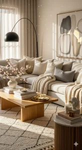 A cozy, neutral-toned living room featuring a large sectional sofa with various pillows and throws, a wooden coffee table with books and a vase of flowers, a black arc floor lamp, and abstract art on the wall.