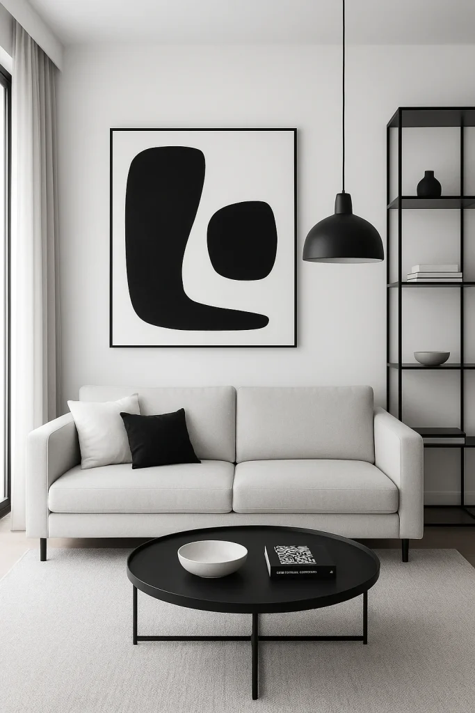 Abstract black and white shapes in a minimalist living room with a grey sofa and black shelving.