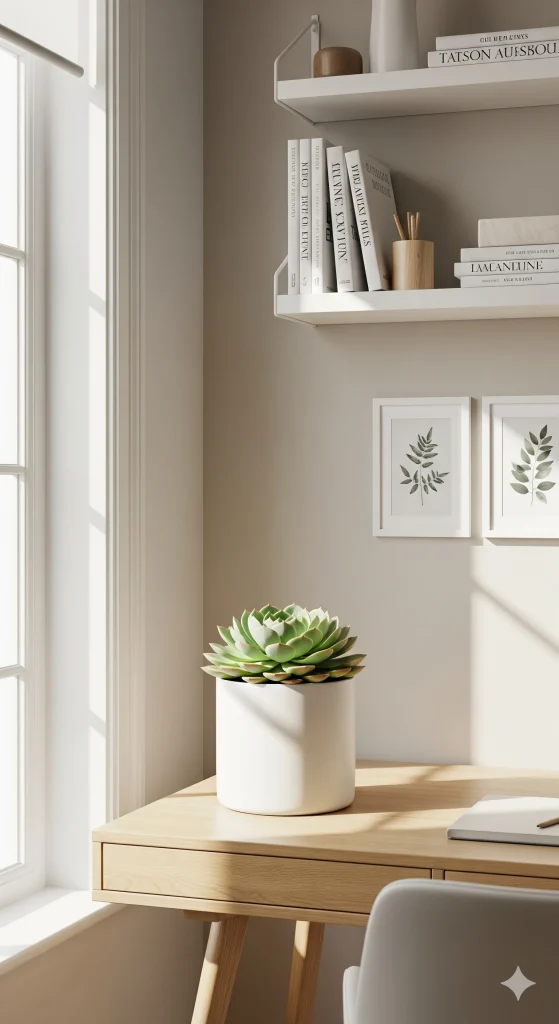Desk Decor With Succulent Plant
A succulent plant in a white pot on a light wood desk near a window, with framed botanical prints on the wall.