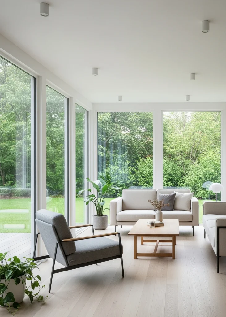Sunroom Ideas
A bright living room with large windows overlooking a lush green garden, featuring a light-colored sofa, a grey armchair, a wooden coffee table, and potted plants.