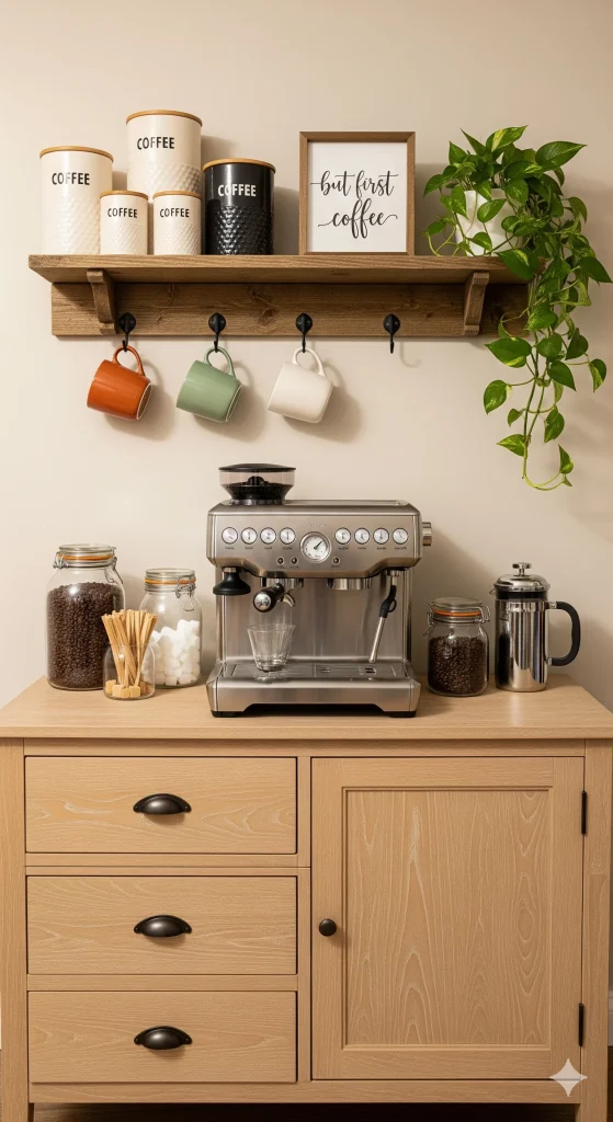 A coffee station setup with a Breville espresso machine, coffee canisters, mugs, and a plant on a wooden counter and shelf.