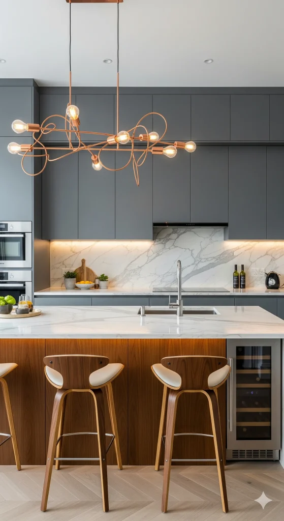 A modern kitchen with dark gray cabinets, a white marble island and backsplash, and a unique copper-toned chandelier.