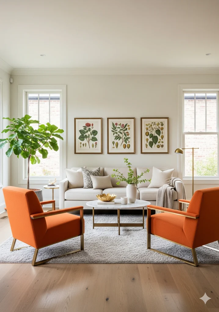 A living room with two orange armchairs, a light-colored sofa, a coffee table, and three botanical prints on the wall.