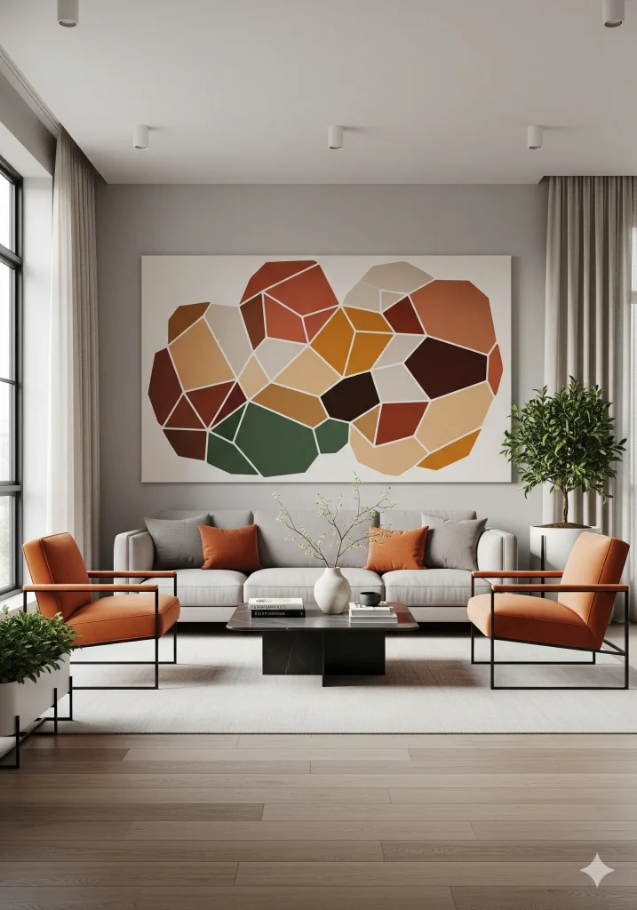 Modern Living Room with oragne accent and a large statement piece