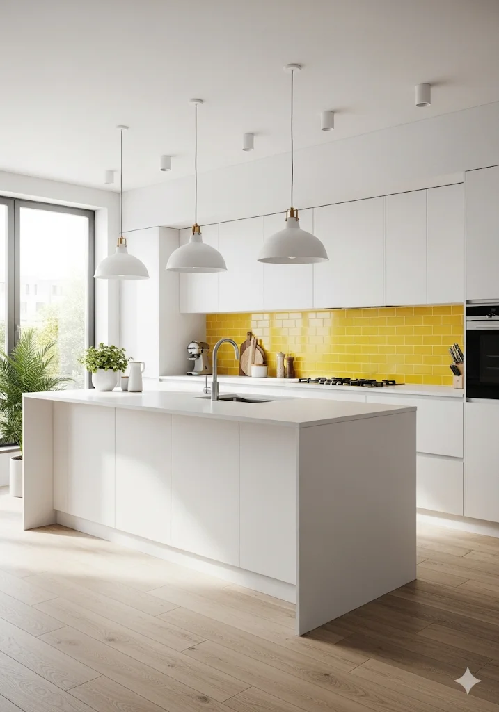 Modern kitchen with white cabinets, a large island, and a bright yellow subway tile backsplash. 
