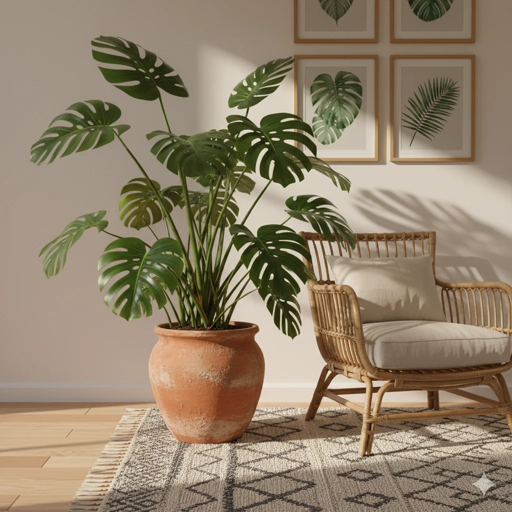 large monstera plant with iconic split leaves in a clay pot