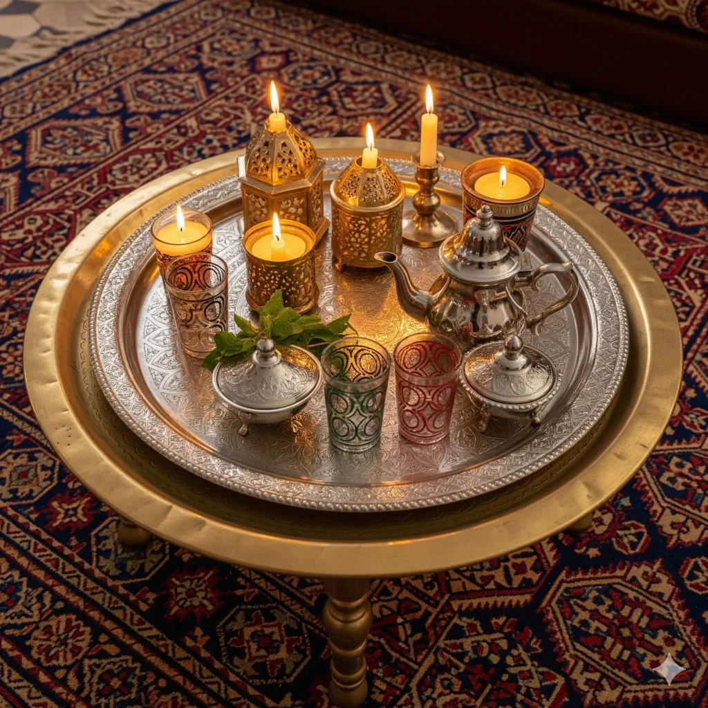 Moroccan tea set on a decorative tray with lit candles and ornate glasses on a patterned rug.
