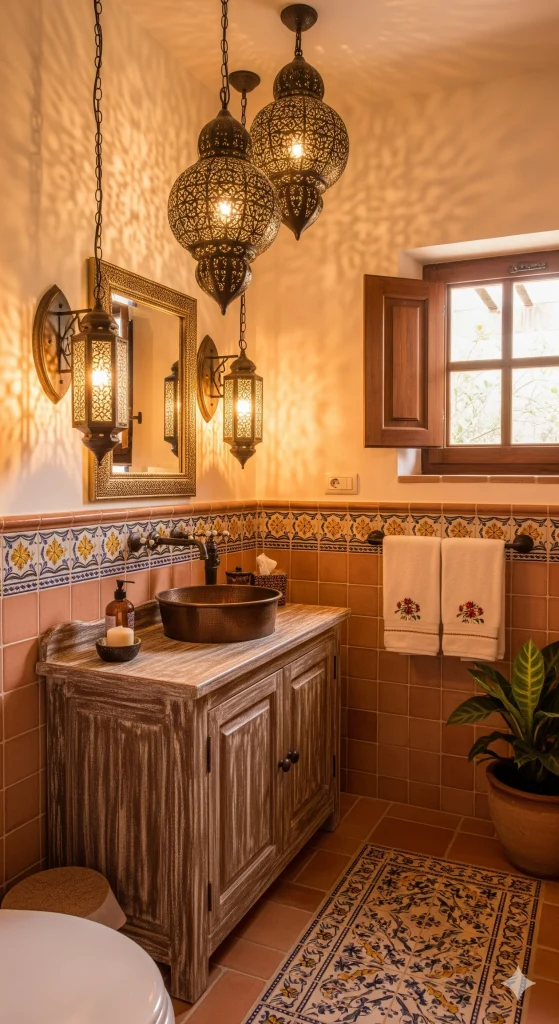 A bathroom featuring ornate Moroccan-style lanterns, a rustic wooden vanity with a copper sink, and colorful tiled accents.