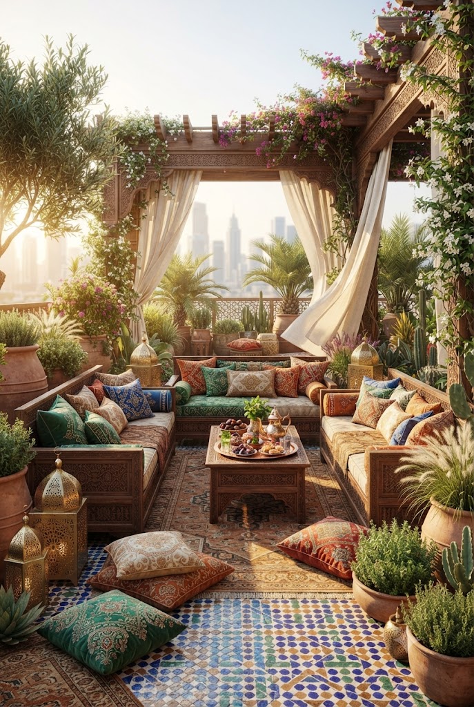 Moroccan-Inspired Garden with Low Seating