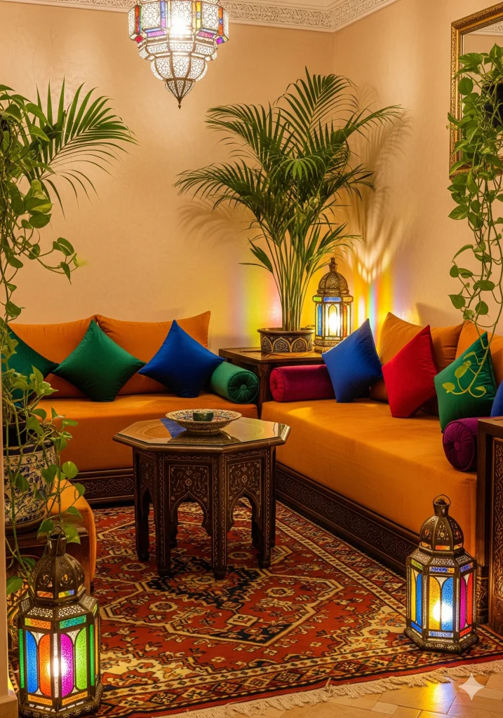 A vibrant Moroccan-style living room with orange sofas, colorful pillows, ornate wooden tables, lanterns, and lush green plants.
