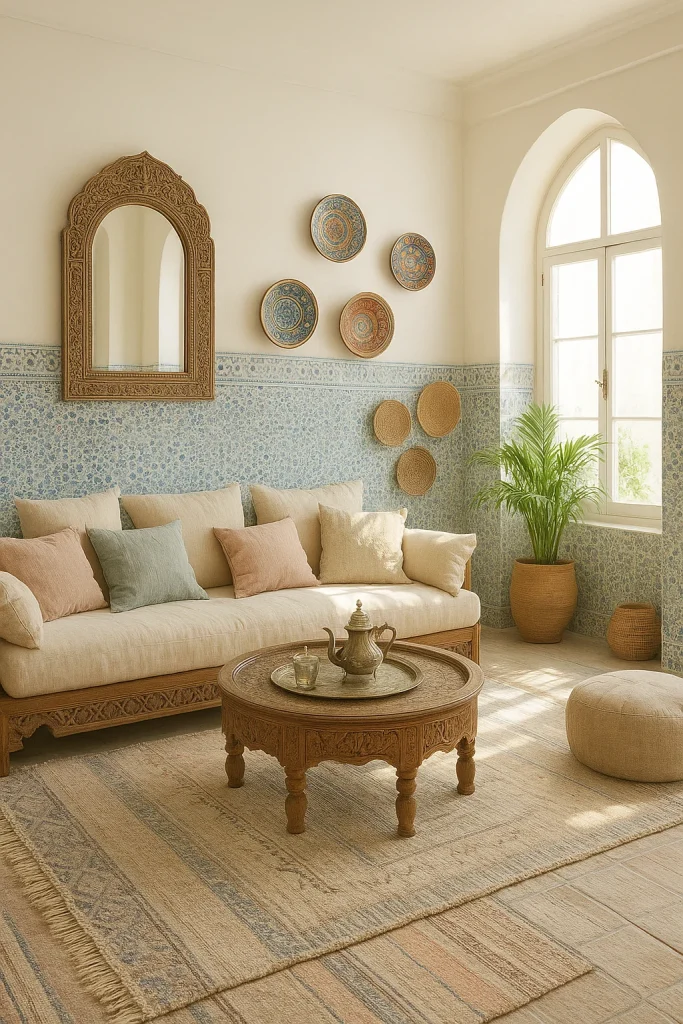 A Moroccan-inspired living room with a carved wood mirror, patterned tiles, decorative plates, a daybed with neutral pillows, a round wooden coffee table, a potted palm plant, and a pouf.