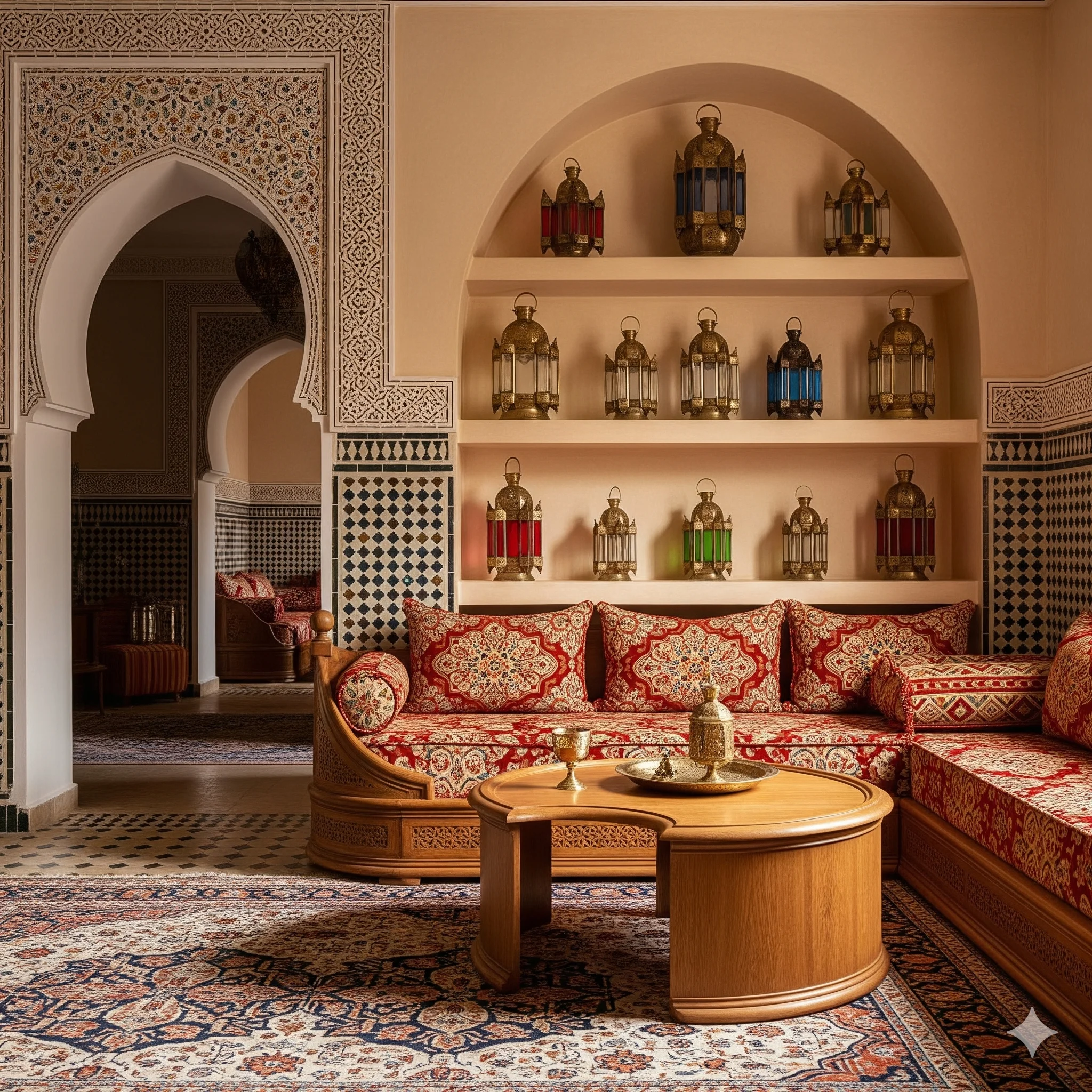 Moroccan-style Living Room Arch Doorway, Alcove Shelf, Moasic tiles and Decorative Lantern