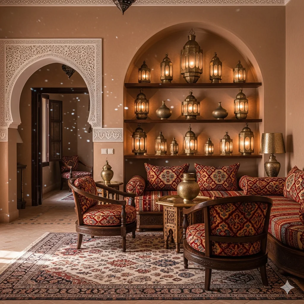 A warmly lit Moroccan-style living room with ornate lanterns, patterned textiles on seating, and a decorative archway leading to another room.