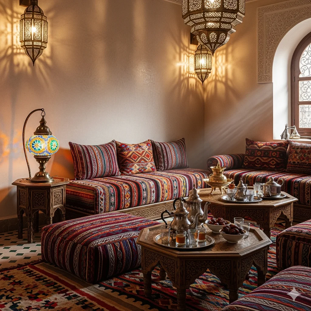 A warmly lit room with Moroccan-style decor, featuring patterned sofas and cushions, ornate lanterns, and a tea set with dates on a low table.