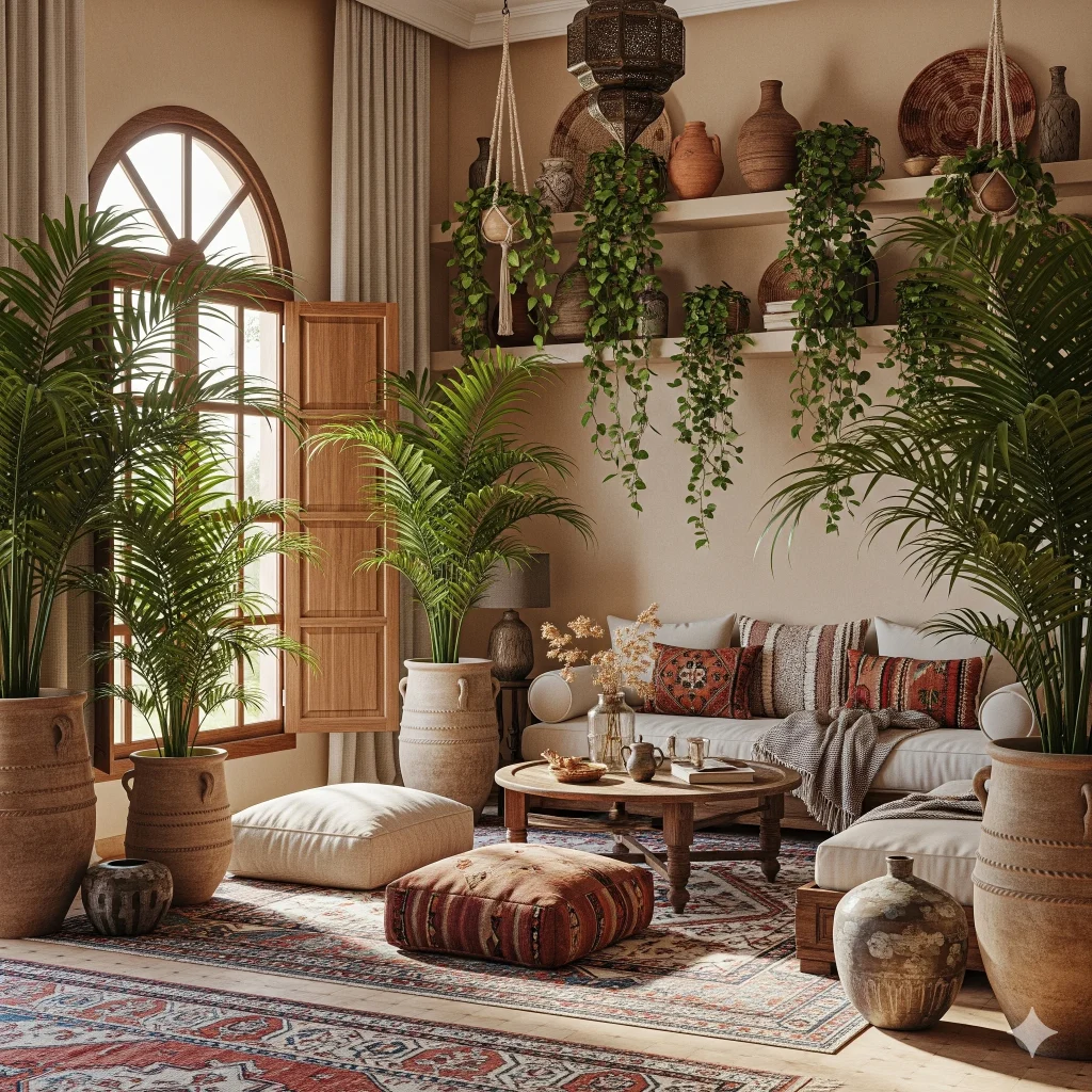 A cozy, bohemian-style living room with numerous potted plants, natural textures, and warm lighting. 