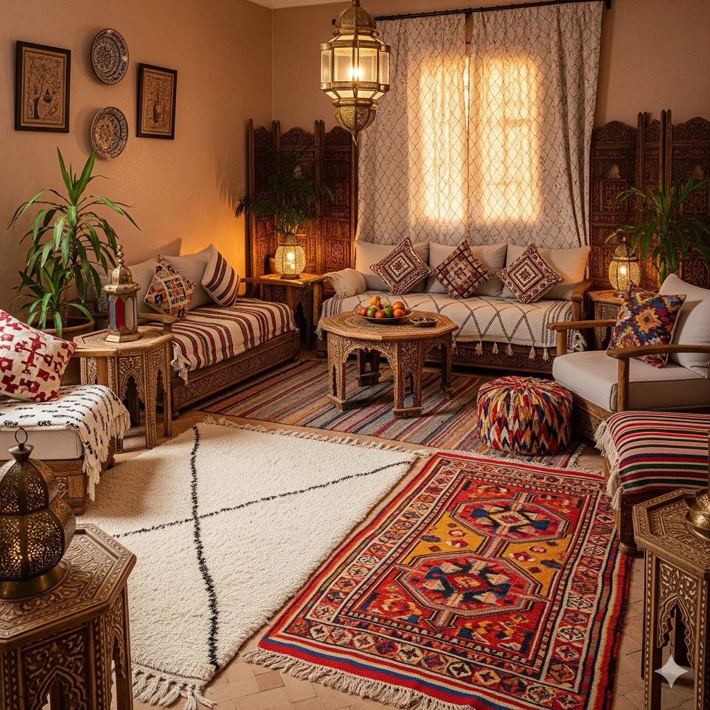 A cozy living room decorated in a Moroccan style, featuring patterned rugs, ornate wooden furniture, lanterns, plants, and colorful textiles, illuminated by warm natural light and lamps.
