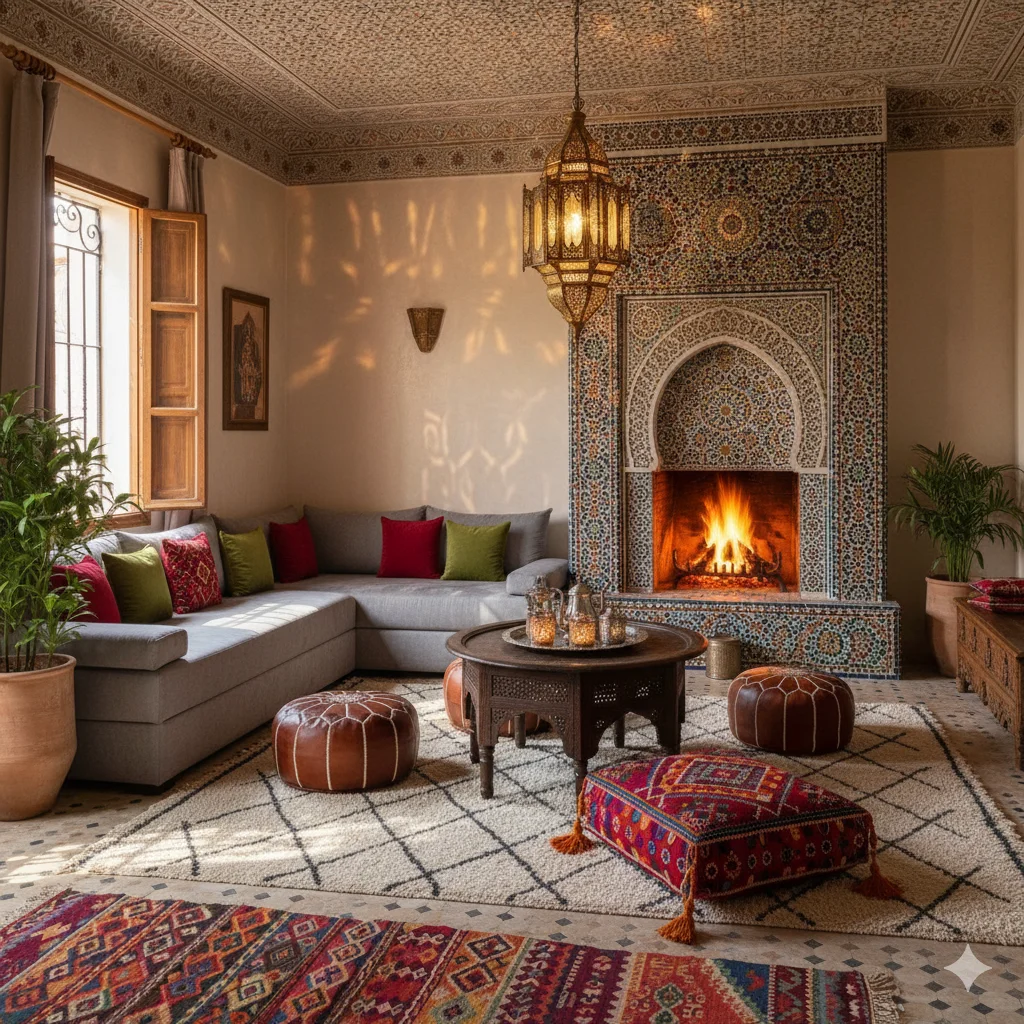 A cozy living room with Moroccan-inspired decor, featuring a fireplace with intricate tilework, a large sectional sofa with colorful cushions, leather poufs, a carved wooden coffee table, a patterned rug, and a decorative lantern.
