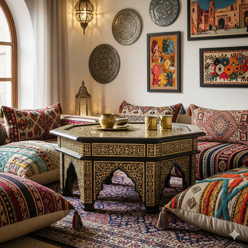 A richly decorated living room with Moroccan-inspired furnishings, including a central octagonal table, patterned cushions, and wall art. 