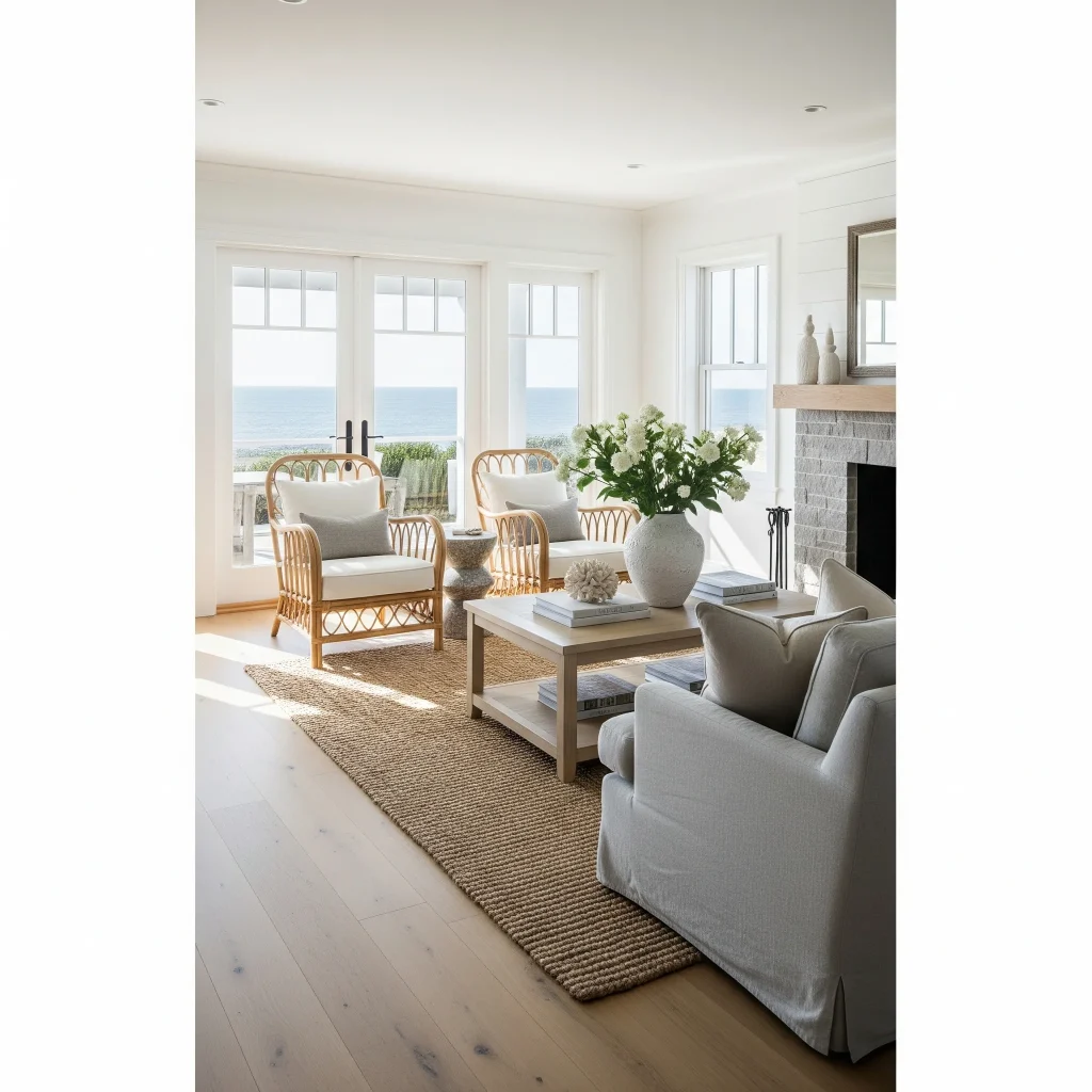 Coastal living room with wicker chairs, a light-colored sofa, a coffee table, a fireplace, and an ocean view through large windows. 