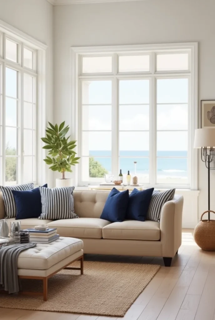 A cozy living room with a beige sofa, ottoman, and blue and striped pillows, overlooking a bright ocean view.