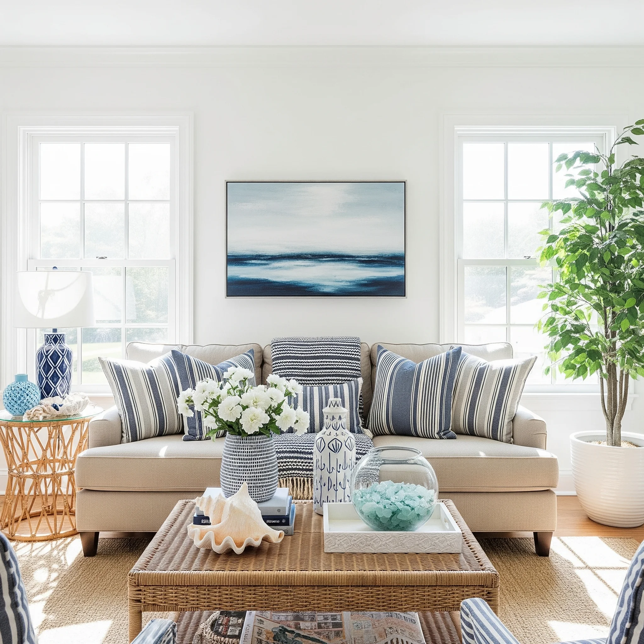 A coastal-themed living room featuring a beige sofa with blue and white striped pillows, a wicker coffee table adorned with a conch shell and decorative items, and a large plant in the corner.