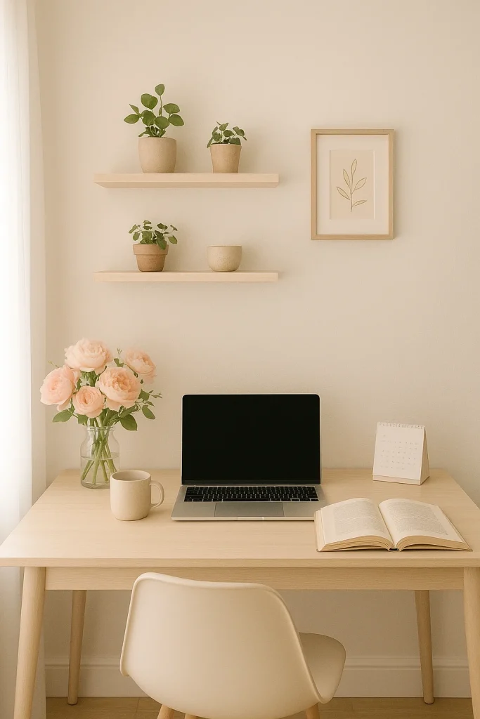 Study Room Color Schemes
A minimalist Classic White and Neutral Beige workspace with a laptop, open book, calendar, flowers, and plants on shelves.