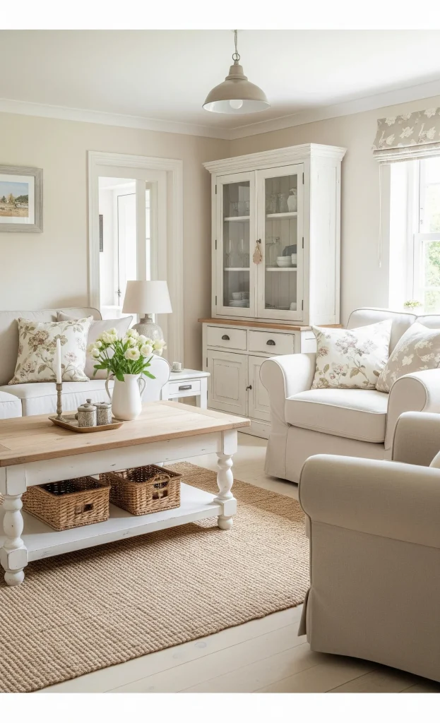 A cozy Cottage Color Palette living room featuring a white coffee table with a wooden top, baskets underneath, and neutral-toned furniture.