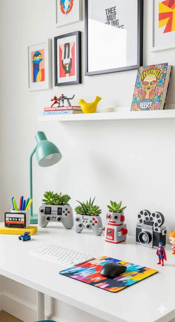 Desk Décor with Succulent Planters:
A desk setup featuring a keyboard, mouse, colorful mousepad, a teal lamp, and unique planters shaped like game controllers, a robot, and a vintage camera, along with various small decorative items and action figures.