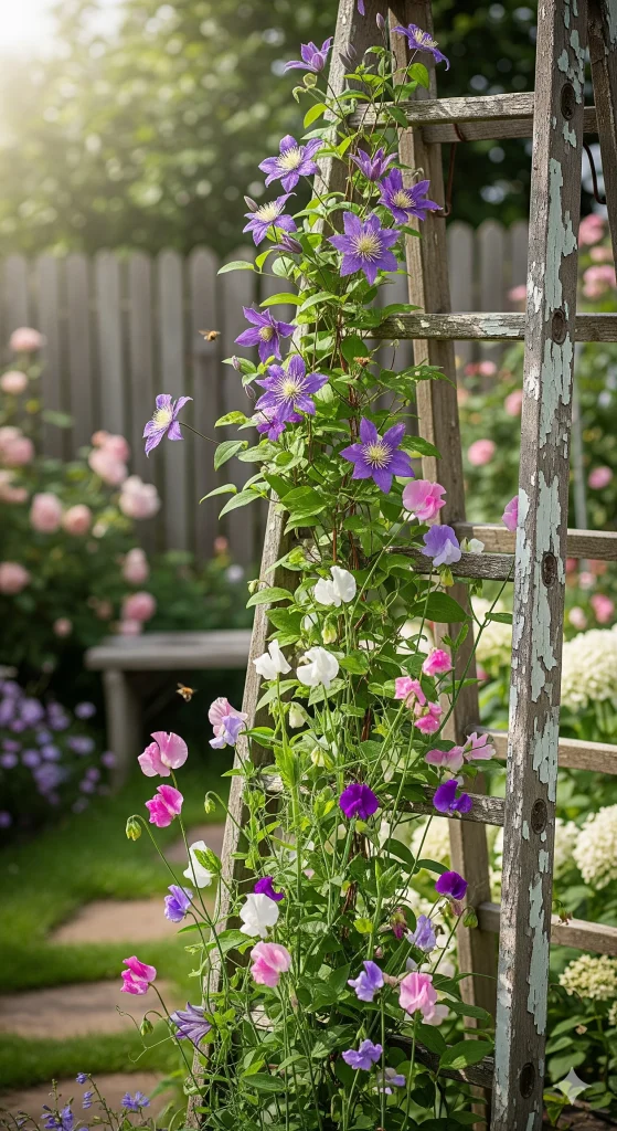 A clematis vine with purple and pink flowers climbing an old wooden ladder in a sunny garden. 