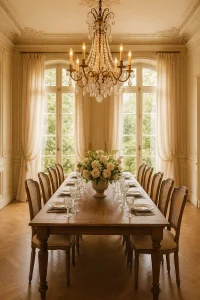 A formal dining room with a long wooden table set for a meal, a crystal chandelier, and large windows with sheer curtains.