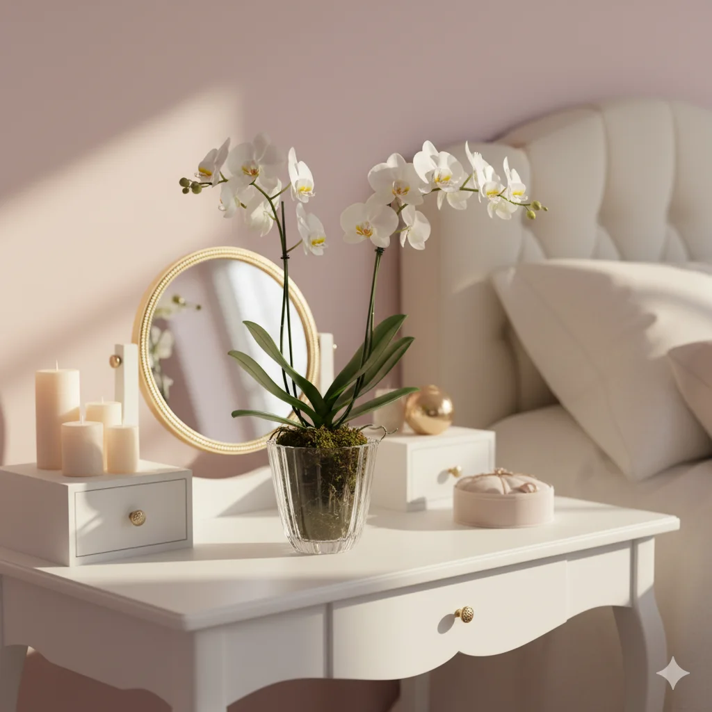 A delicate white orchid in a glass vase, styled on a vanity table with candles and a decorative mirror, soft feminine décor aesthetic.