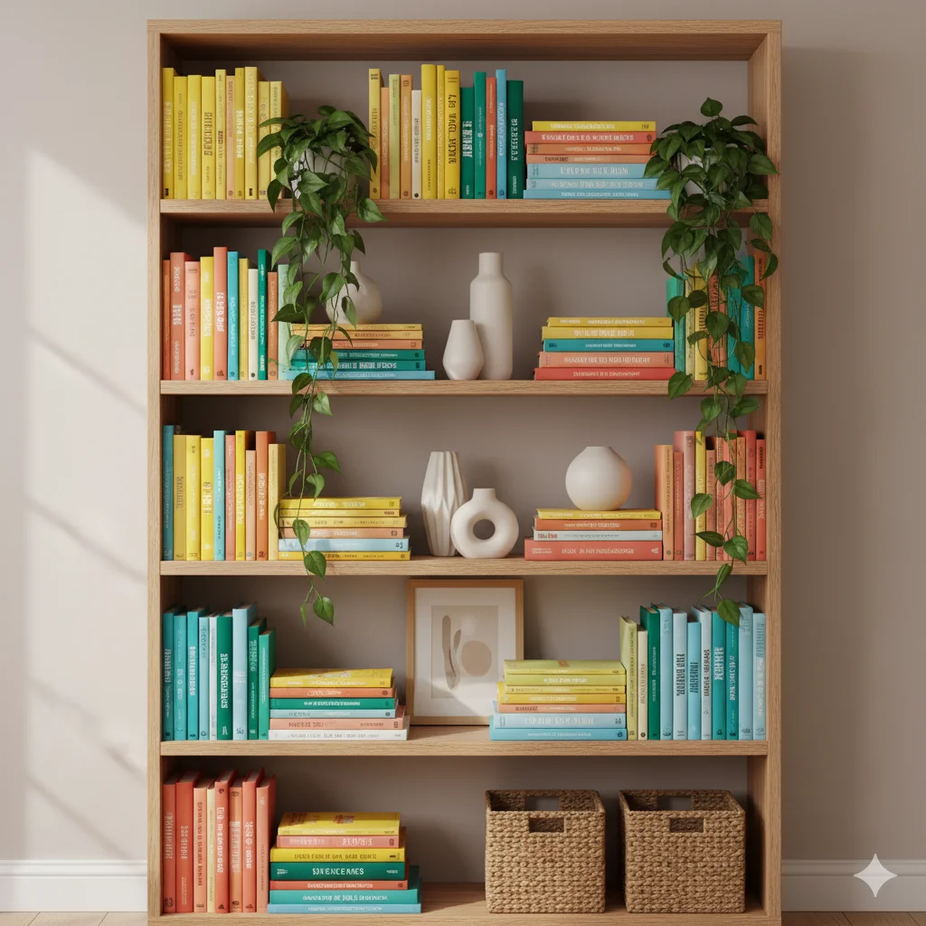 A tall, light wood bookcase filled with colorful books, decorative white vases, and trailing green plants.