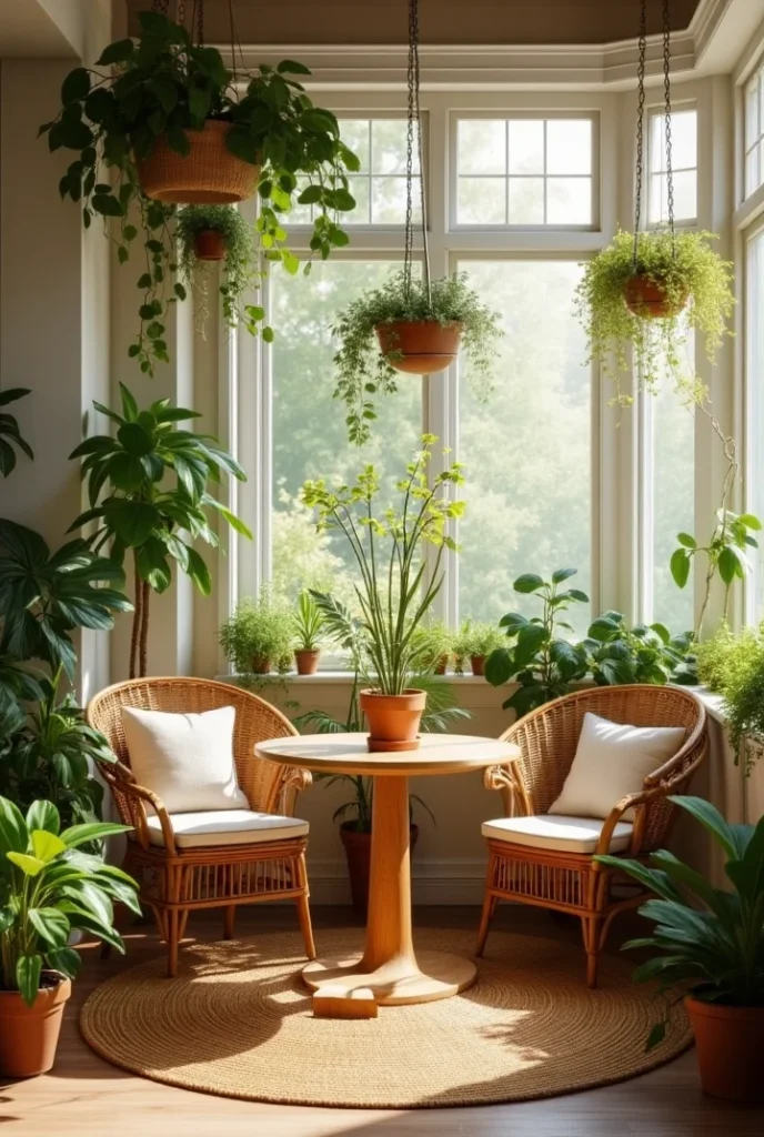 Breakfast Nook Ideas 
A sunlit indoor garden room with two rattan chairs and a small table surrounded by various potted and hanging plants.