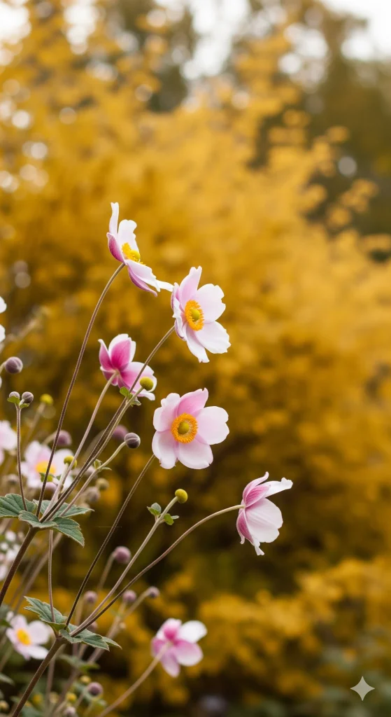 Pink and white Japanese anemone flowers with yellow centers against a blurred golden background. 